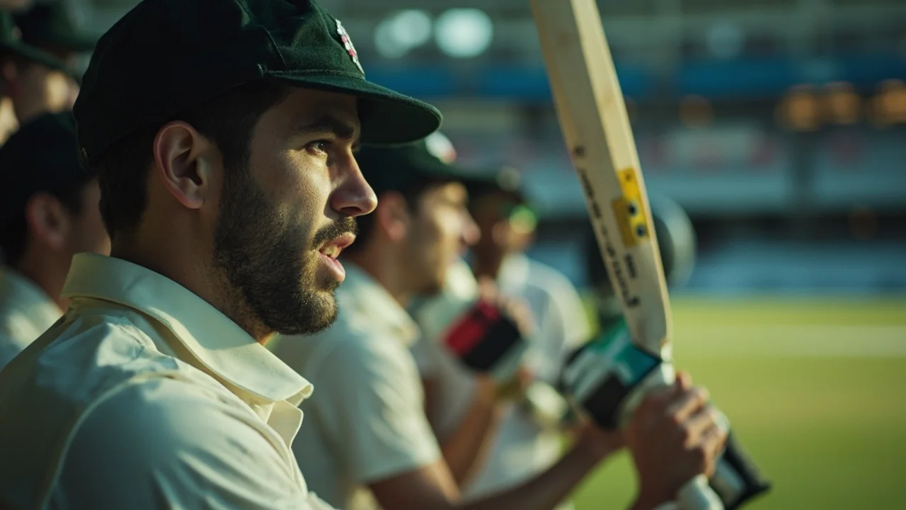 Close editorial frame of a batter in a powerplay stance, the kind of shot selection a fantasy player weighs against last-five scores and role fit