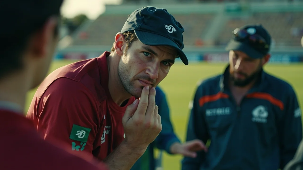 Medium editorial scene of a bowler running in to deliver, the kind of dot ball or boundary exchange that the points engine converts into captain points